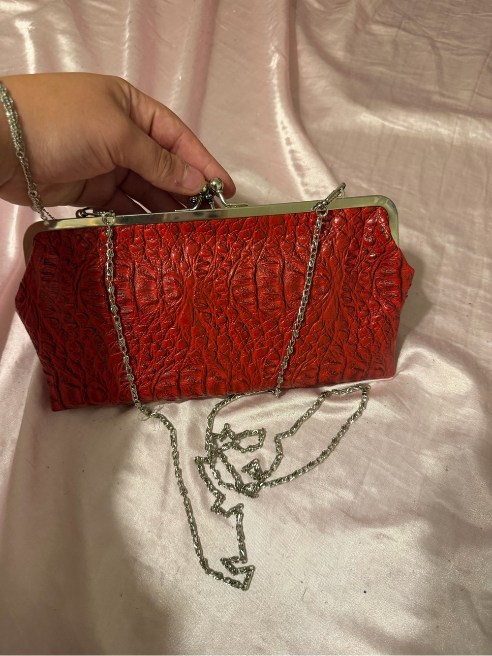 Red Textured Frame Clutch with Chain Strap